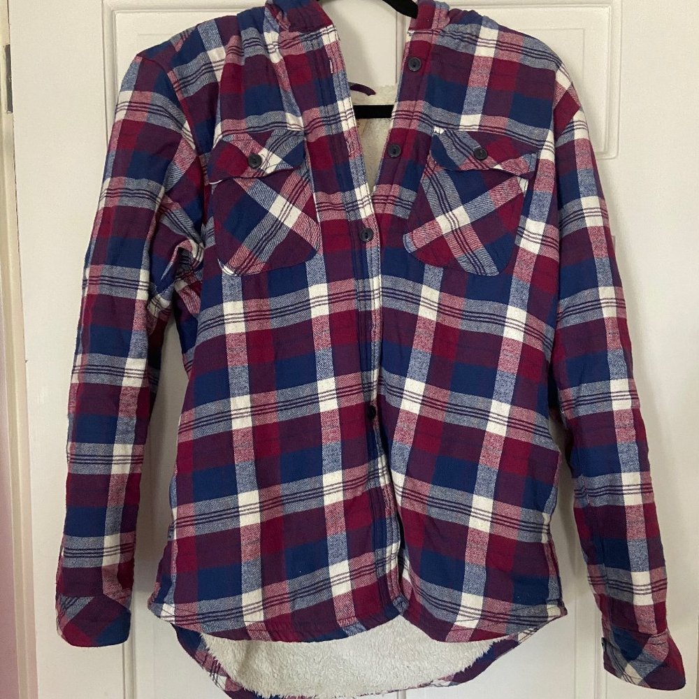 sherpa lined purple and blue hooded flannel